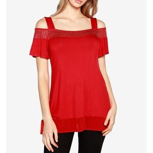 Red embellished cold-shoulder top